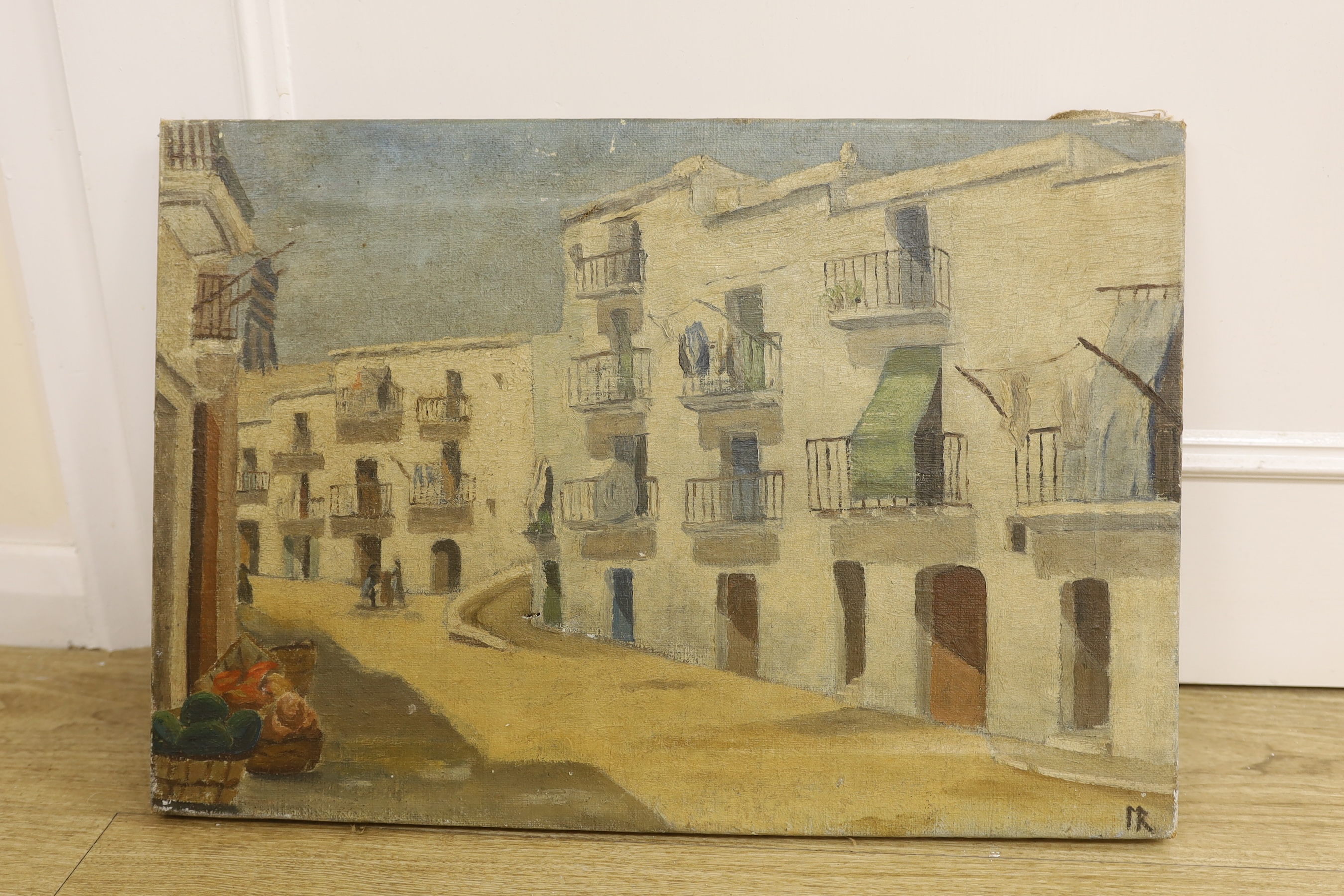 Continental School, oil on canvas, Street scene, initialled, 38 x 55cm, unframed